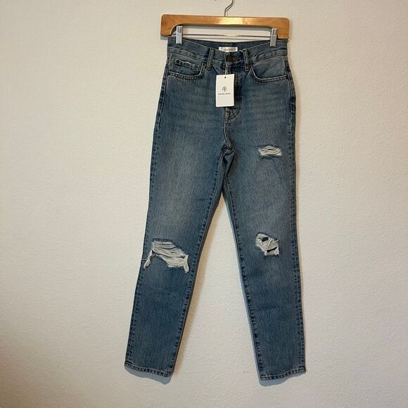 Anine Bing Mid Blue Distressed Denim Cropped Straight Jeans Women's Size 24 NWT - Picture 2 of 8